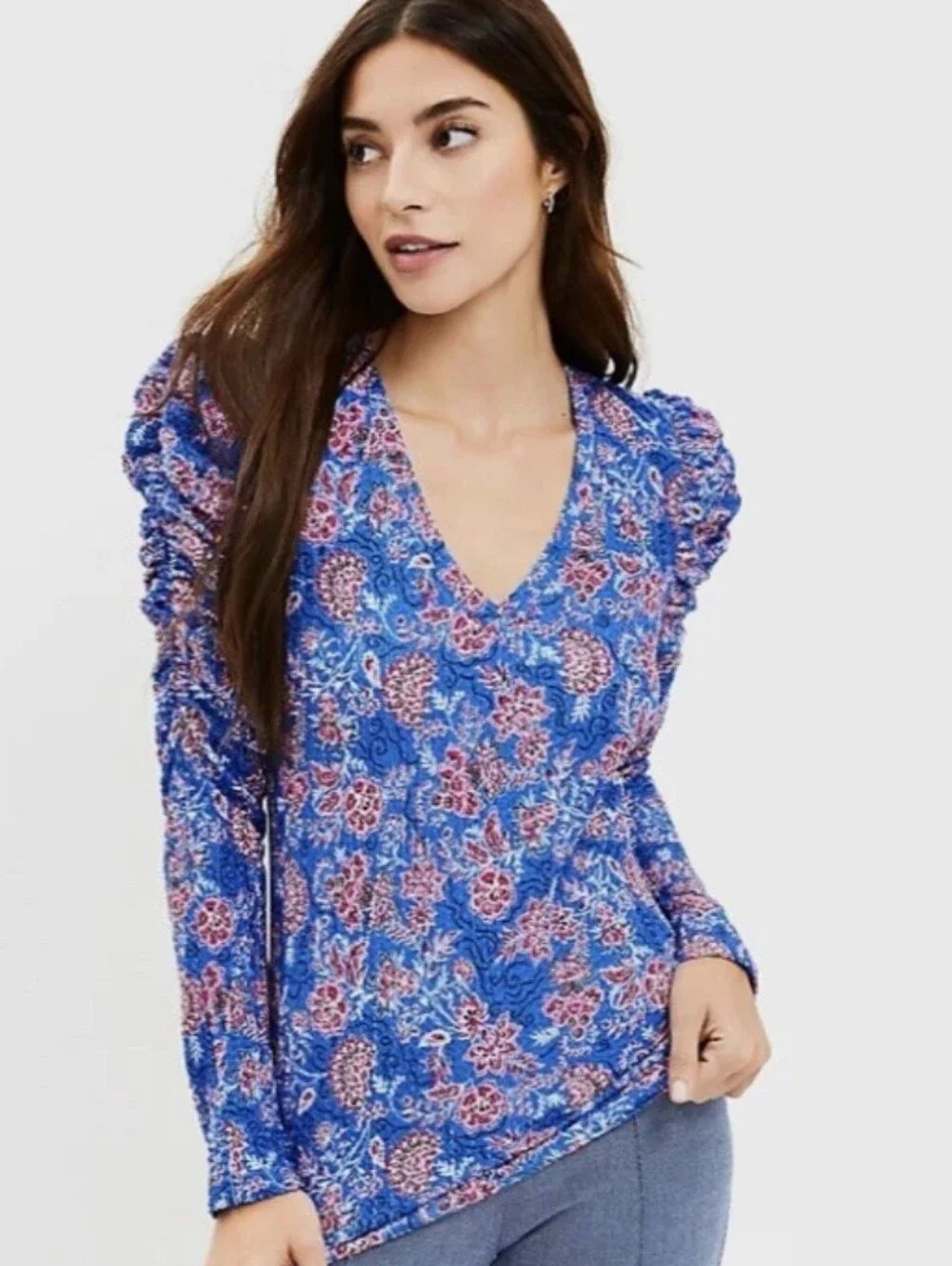 Loft V-Neck Puff Sleeve Floral Elegant Coquette Long Sleeve Stretchy Sz L Fall